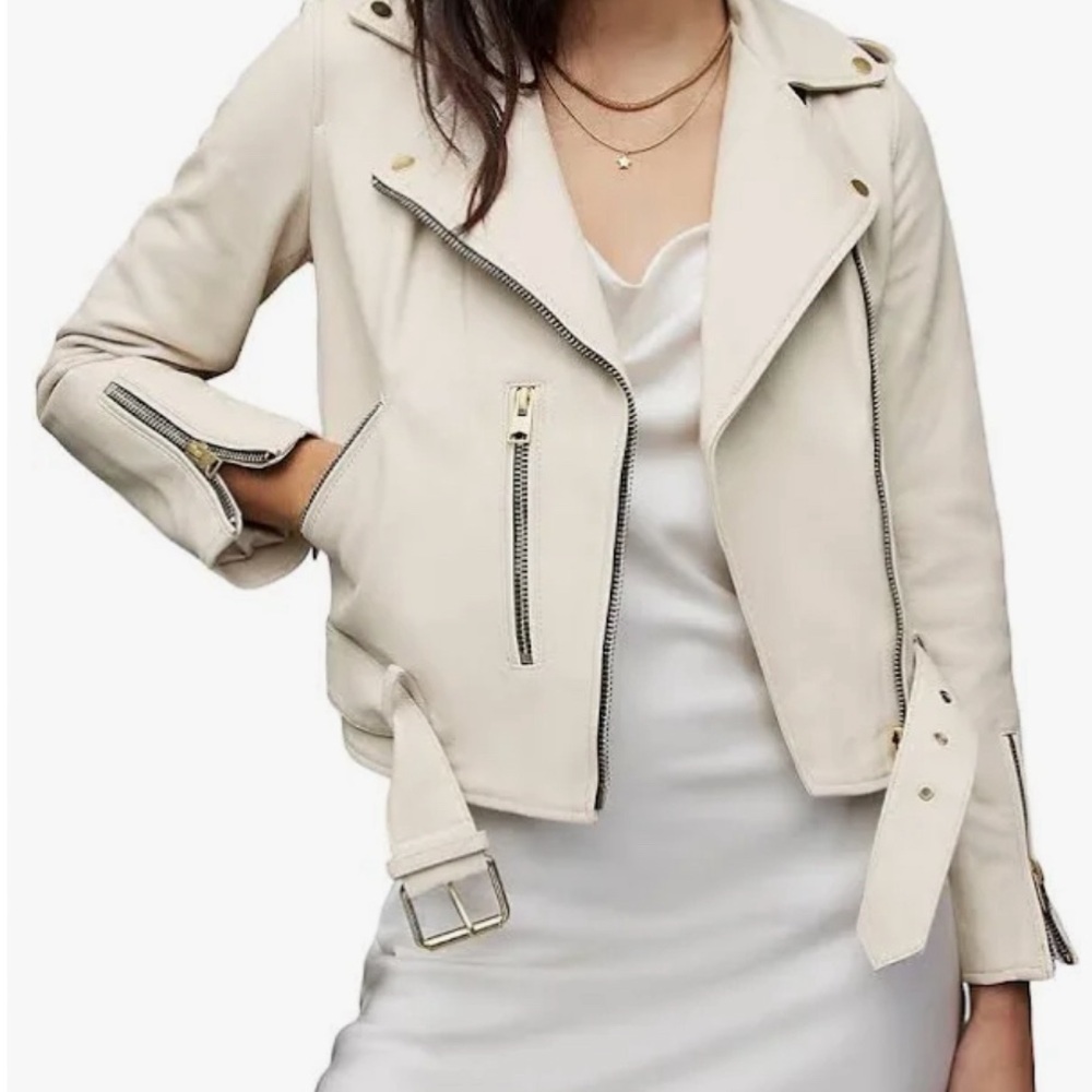 AllSaints Balfern biker white leather cropped jacket. Size 4 (S).